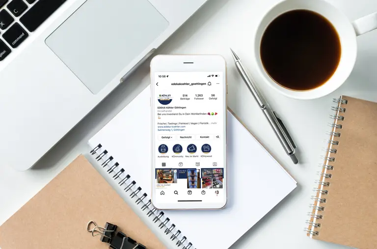 Die Startseite des Instagram-Auftritts von EDEKA Köhler auf einem Handybildschirm