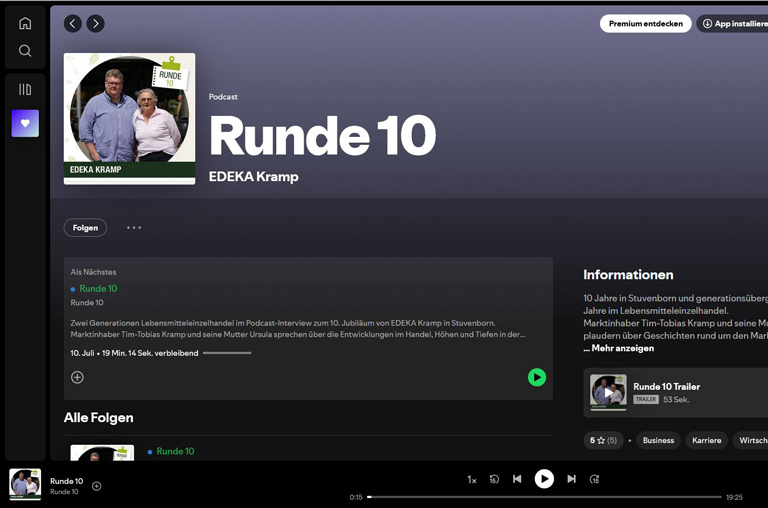 Der Podcast Runde 10 von EDEKA Kramp auf der Musikplattform Spotify